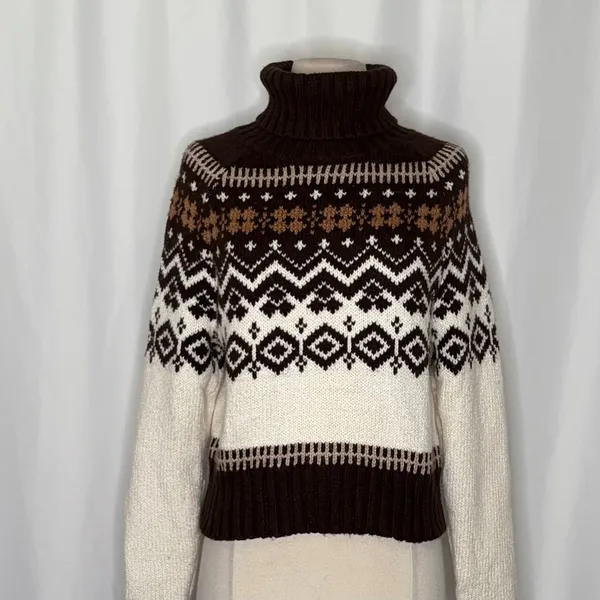 AMERICAN EAGLE‎ Fairisle Snowdrift Turtleneck Sweater Cropped Fair Isle Small - Image 3