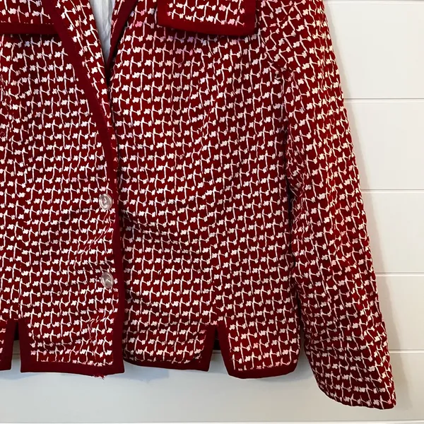 Women’s Red Patterned Women's Blazer Vintage Retro M-L Button Accents Handmade - Image 3