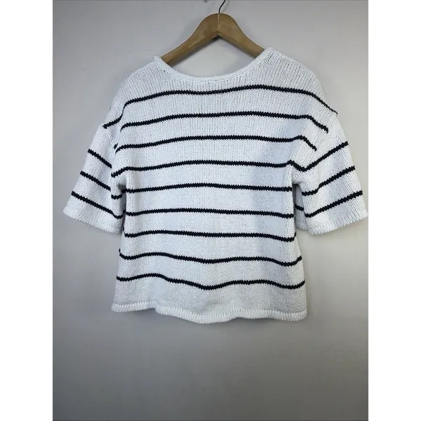 Talbots Womens black Striped Knit sweater Cardigan Preppy coastal nautical large - Image 7