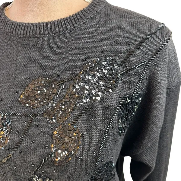 Vintage 80's/90's Jade Black Sequin Embellished Cotton Ramie Sweater Size Large - Image 3
