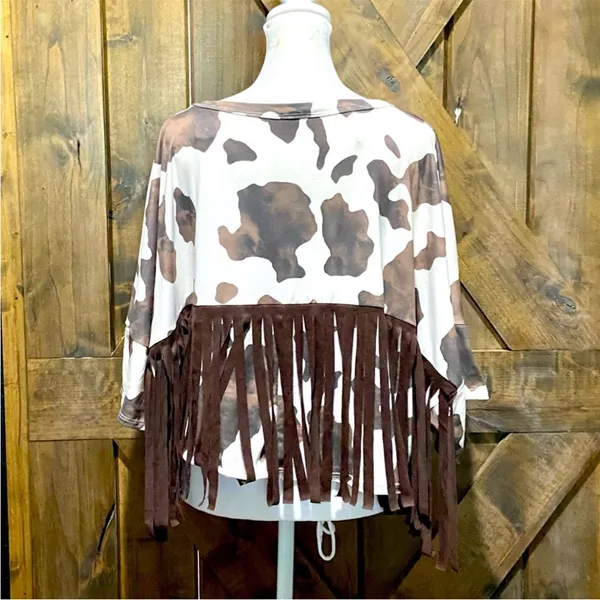 NWT Peach Love California Brown and White Crop Fringe Cow Print Tee - Image 13
