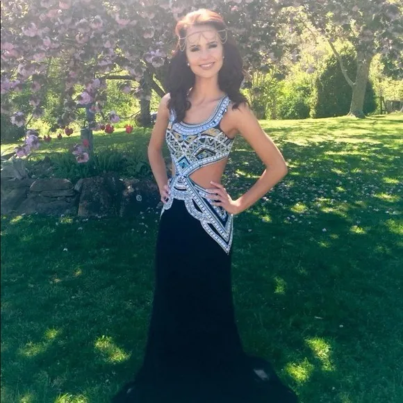 Sherri Hill 50297 Beaded Top Cutout Mermaid Formal Prom Gown Navy Blue Sz 4 - Image 4