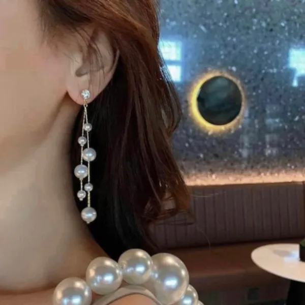 Women's White Pearl Long Tassel Dangle Drop Earrings - Image 4