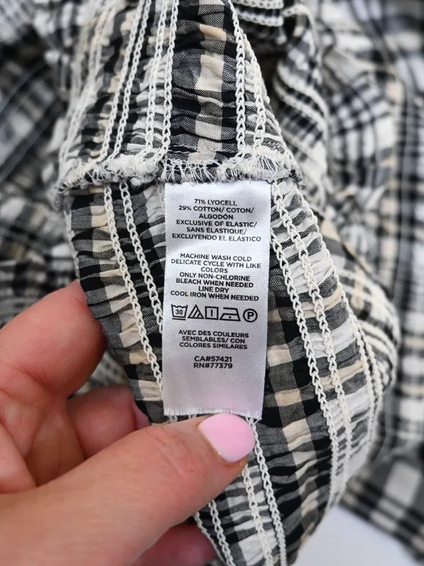Ann Taylor Women's M Black White Plaid 3/4 Sleeve Smocked Top - Image 9