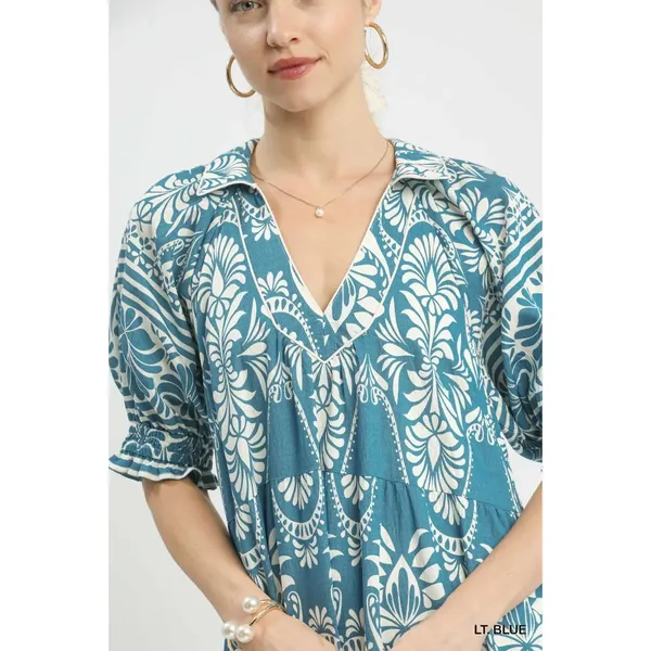 Umgee‎ Two tone Border Print Midi Dress - Lt. Blue - Small - Image 5