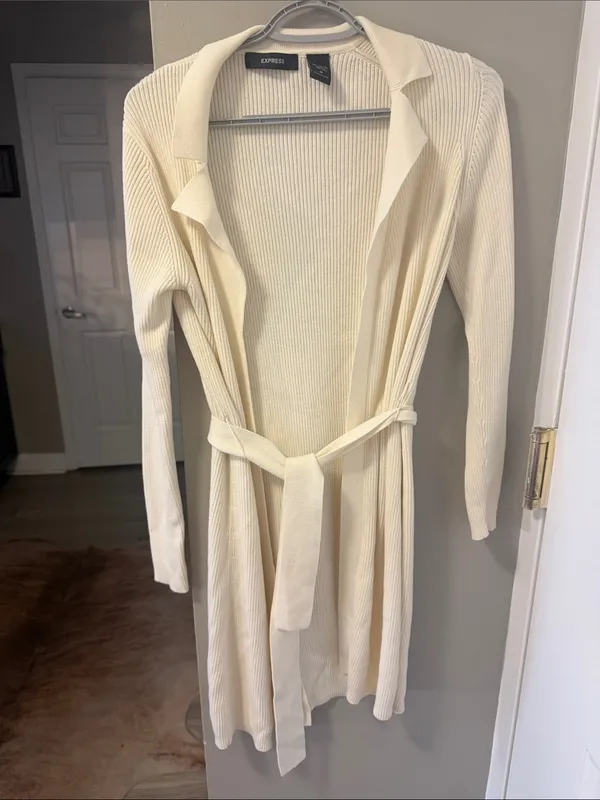 Express Cream Ribbed Knit Belted Longline Cardigan - Size Medium - Image 2