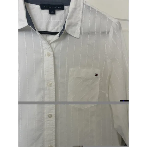 Tommy Hilfiger Women Shirt M White 100% Cotton Roll Tab Long Sleeves - Image 3