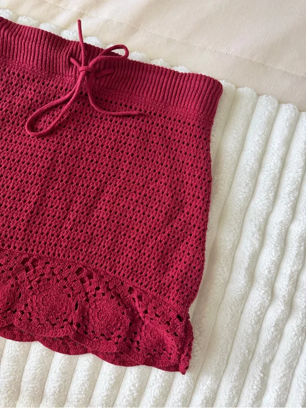 Universal Thread Crochet Mini Skirt in Deep Red with Ruffle Hem - Image 2