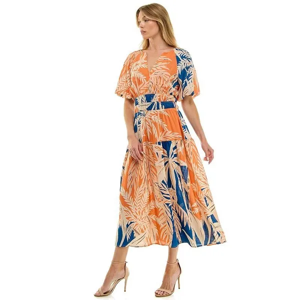 FIG + FLOWER‎ Women Dress Large Tropical Leaf Print Smocked Orange Boho Resort - Image 3