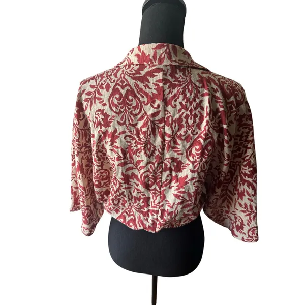 Zara Red White Damask Bolero Blouse S Twist Front Cropped Botanical Print - Image 5