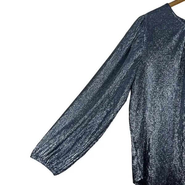 Loft Shimmer Metallic Pleated Blouse Silver Holiday Party Puff Sleeve Size L - Image 4