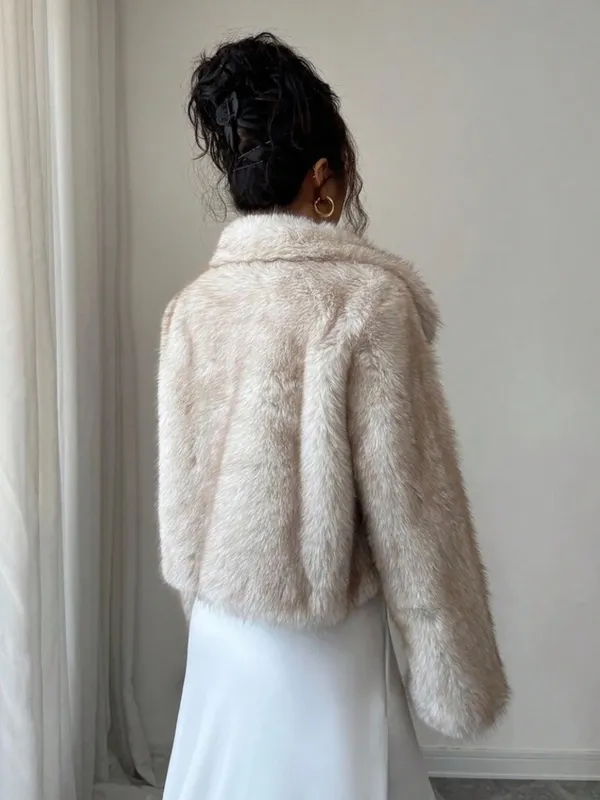 Lux Faux Fur Cropped Jacket in Light Taupe - Image 2