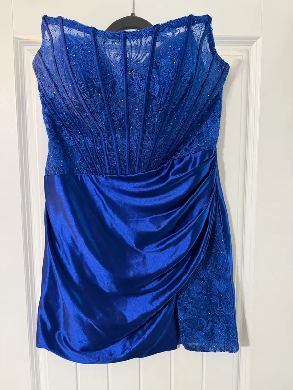 Blue Strapless Satin Lace Lined Homecoming Dress Zip Size 14 - Image 2