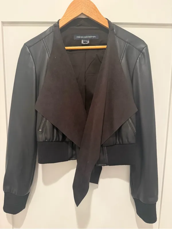 French Connection Black Draped Faux Leather Waterfall Jacket - Image 2