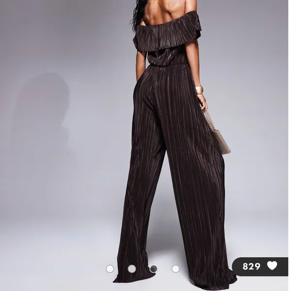 ASOS DESIGN plisse bardot wide leg jumpsuit in chocolate Medium - Image 2