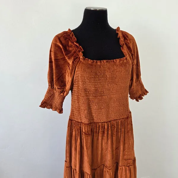 Burnt Orange Copper Velvet Maxi Dress Tiered Smocked Holiday Party Christmas M - Image 4