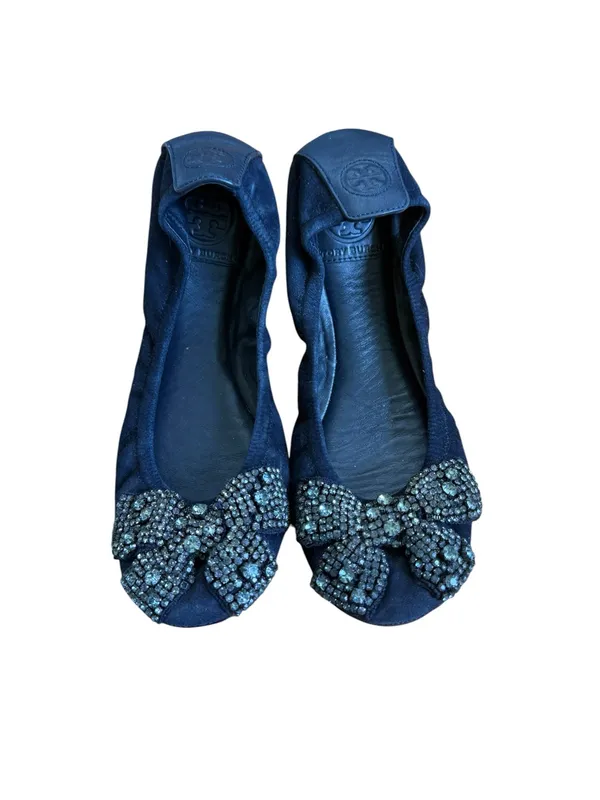 Tory Burch Navy Blue Suede Crystal Bow Eddie Flats - Image 2