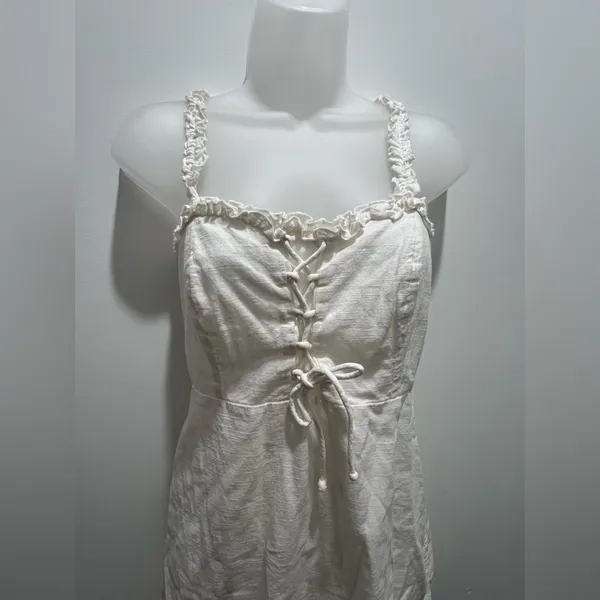 Urban Outfitters Cream Smocked Back Ruffle Hem Mini Dress S - Image 3