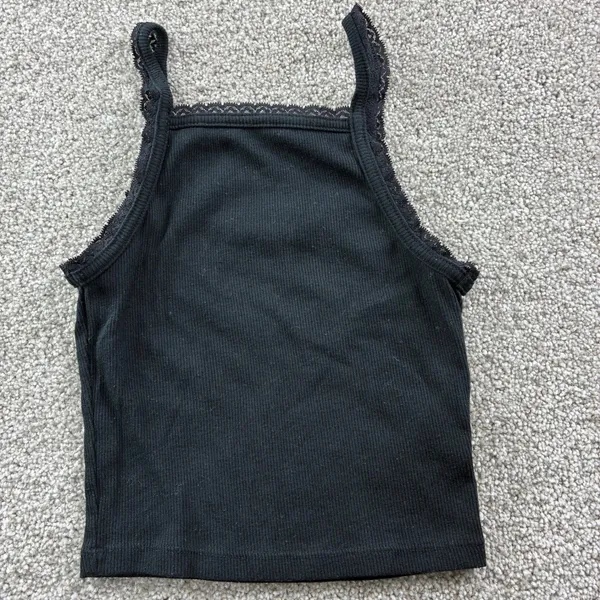 American Eagle Black Ribbed Lace‎ Trim Cropped Tank Top Womens XS Cami Casual - Image 2