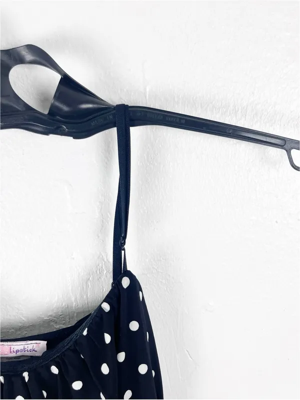 LIPSTICK Black White Polka Dot Bow Waist Spaghetti Strap Bubble Hem Dress Small - Image 7