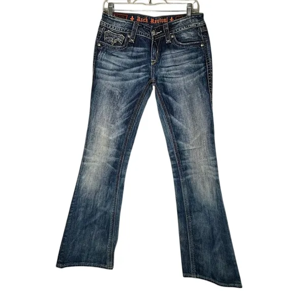 Rock Revival women's 29 bootcut jeans embroidered pockets 31" inseam Denim Low - Image 3