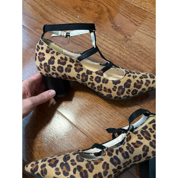 Leopard Print Pumps Mary Jane T-Strap Brown Block‎ Heel Pointed Toe Size 39 8.5 - Image 6