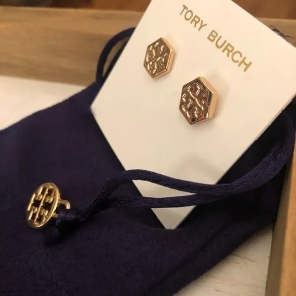 Tory Burch Gold Logo Stud Earrings Hexagon Emblem NWT - Image 4