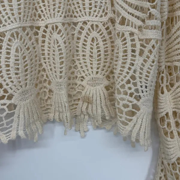 Boho Crochet Lace Long Sleeve Top‎ Cream Sheer Bell Sleeve Festival Blouse - Image 3
