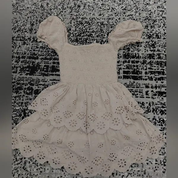Bershka Size S Cream Tiered Ruffle Dress Eyelet Smocked Puff Sleeve - Image 14