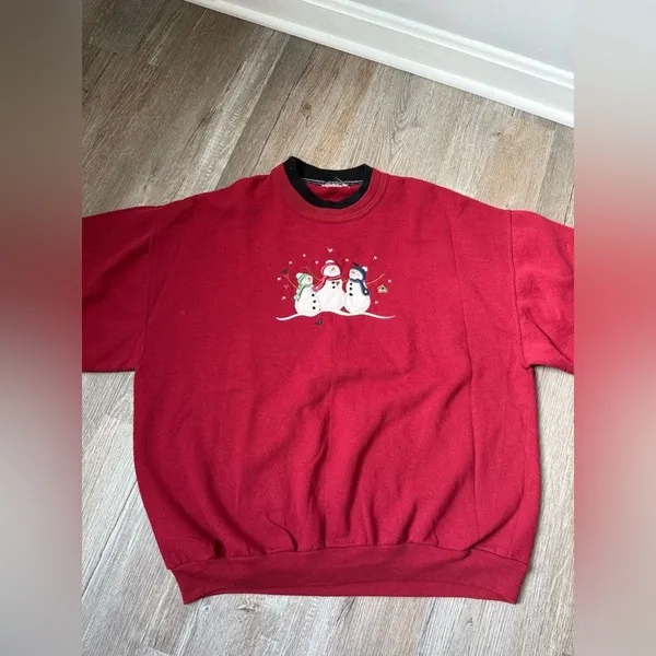 VTG Winter Snowman Sweater Pullover Sweatshirt Red Black Embroidered Size L XL - Image 2