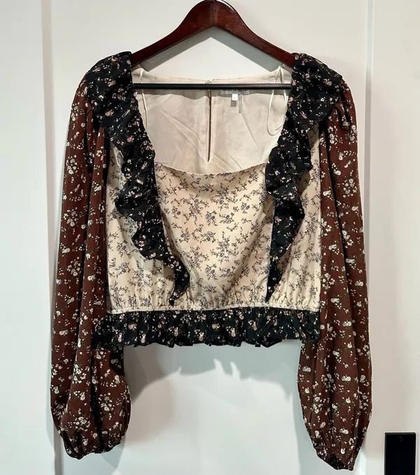 Free The Roses Floral Color Block Ruffle Blouse Size L Puff Sleeve - Image 2