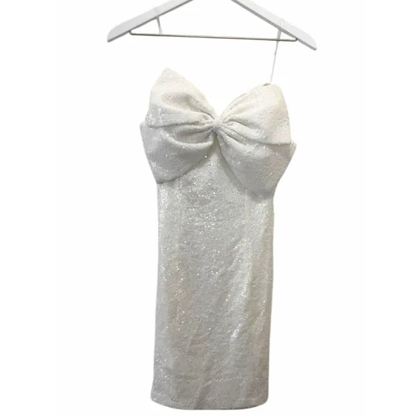 Mainstrip White Sequin Strapless Bow Front Mini Dress Size Medium - Image 9