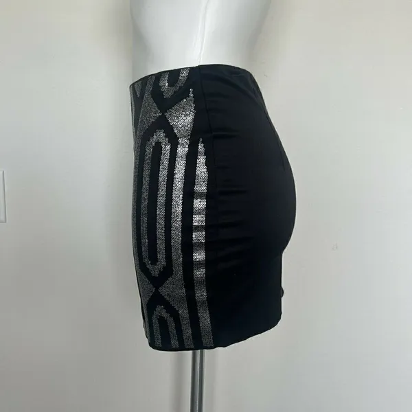 NEW Sequin Mini Skirt SMALL Black Silver concerts Aztec Tribal Print Y2K stretch - Image 7