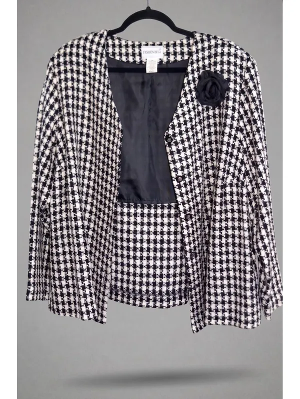 Fashion Bug Black White Houndstooth Tweed Collarless Blazer Rosette Pin 22/24 - Image 2