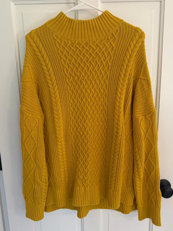 J.Crew Cotton Cable Knit Mockneck Sweater Mustard Yellow Oversized XL - Image 2