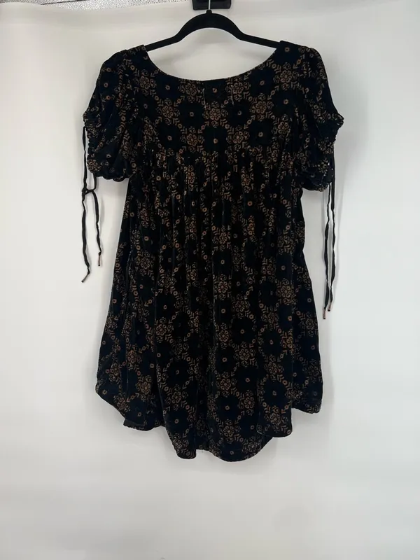 Free People We The Free Black Velvet Floral Babydoll Mini Puff Sleeve Boho Dress - Image 5