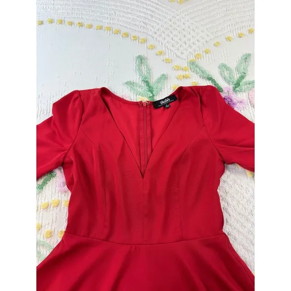 LuLu's Red Fit and Flare Dress V-Neck 3/4 Sleeve Party Cocktail Size S‎ - Image 8