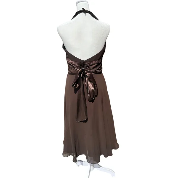 Maggy London Brown 100% Silk Halter Midi Dress Satin Waist Bow Sz 6 Vintage - Image 2