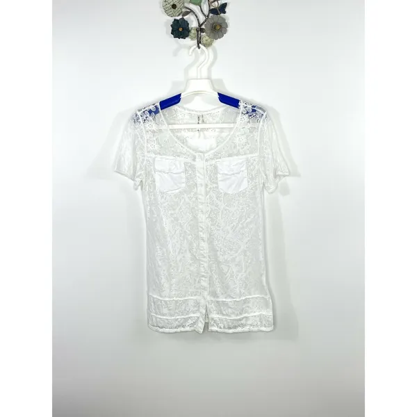 Mur Mur Anthropologie White Burnout Lace Yoke Button Front Top Sheer Size Small - Image 2