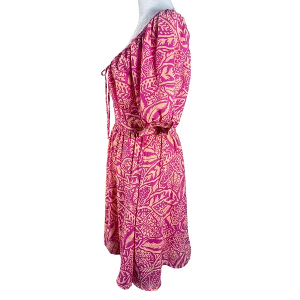 Sienna Sky Tropical‎ Puff Sleeve Dress Womens Medium Pink Excellent Smocked Back - Image 9
