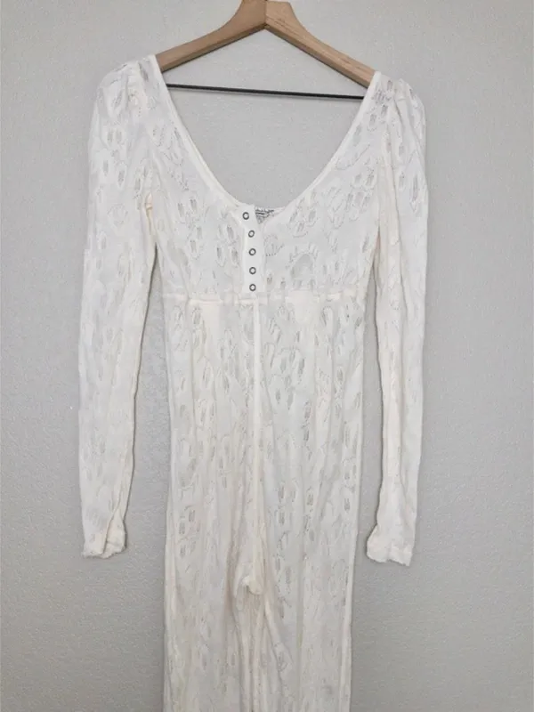 NEW Free People Intimately Home Alone Long Johns S Ivory Lace Onesie Pajamas - Image 3