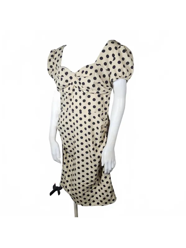 Retro Stage 60's Style Polka Dot Puff Sleeve Dress in Beige and Black, Size 2XL - Image 3