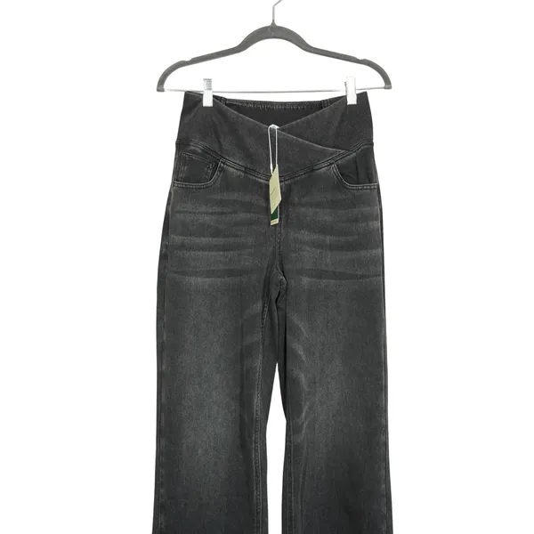 Halara Flex Denim Size Medium High Waisted Crossover Wide Leg Pants Washed Black - Image 2