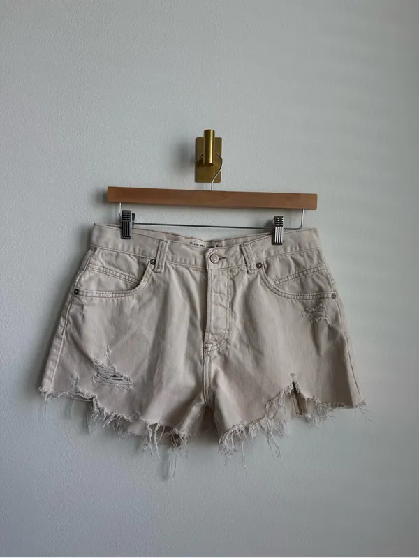 Free People We The Free Now Or Never Denim Shorts Distressed Raw Hem Tan 28 - Image 5