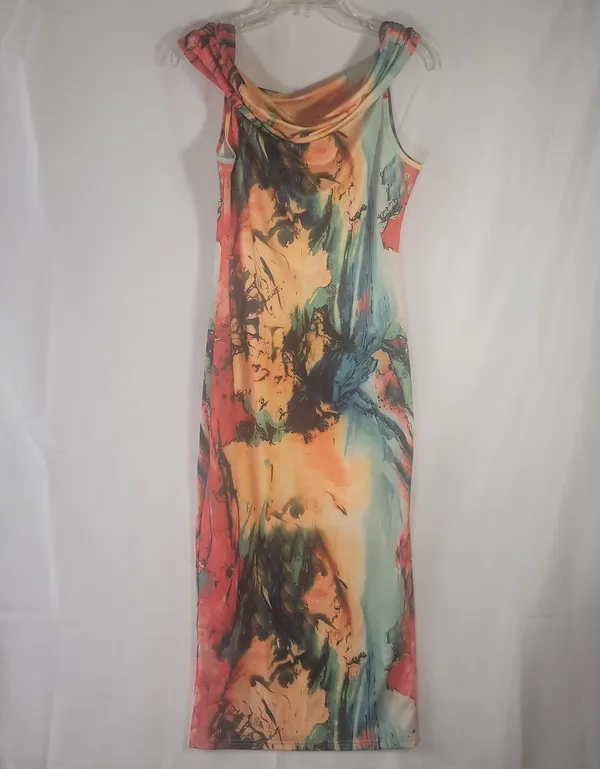 Vibrant Abstract Watercolor Sleeveless Cowl Neck Maxi Dress Orange Teal Size L - Image 3