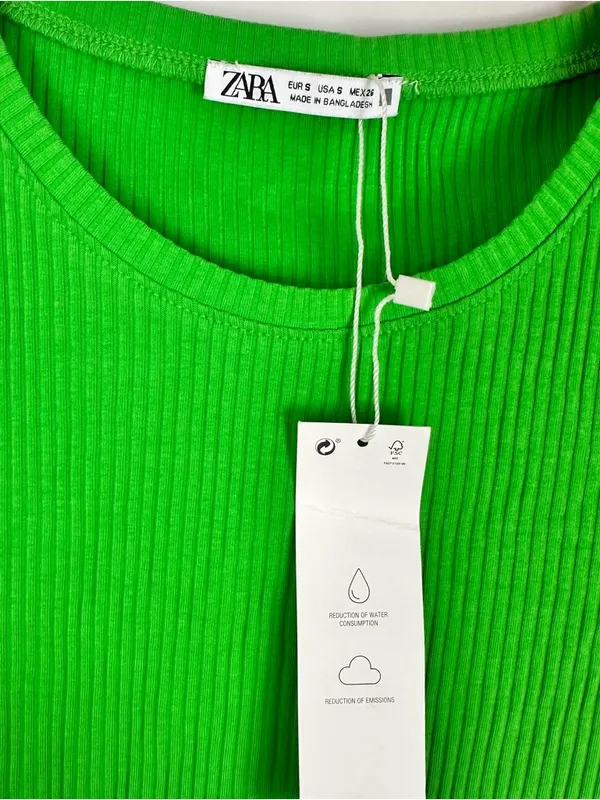 Zara Bright Green Ribbed Short Sleeve Top with Ruffle Sleeves Small NWT - Image 2