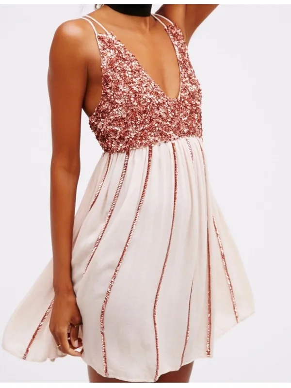 $118 Free People glitter girl slip dress in neutral rose gold, S - Image 2