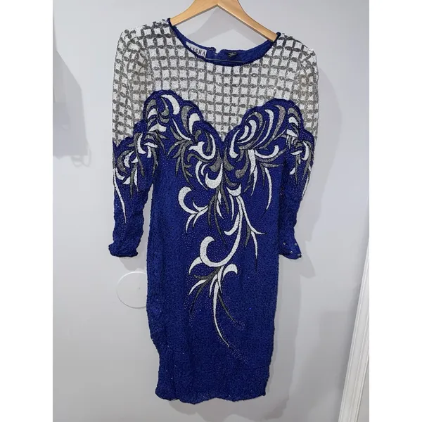 VTG Alisha Silk Beaded‎ MIDI Formal Gown Royal Blue Size L Y2K 90s - Image 4
