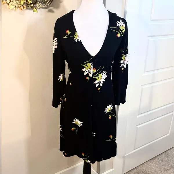 Free People Time On My Side Floral Wrap Mini Dress Black 3/4 Sleeve Sz M💚 - Image 3