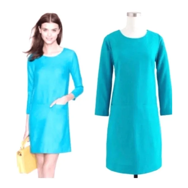 J.Crew Jules Wool Shift Dress Women 8 Teal‎ 3/4 Sleeve Classic Career Preppy - Image 2